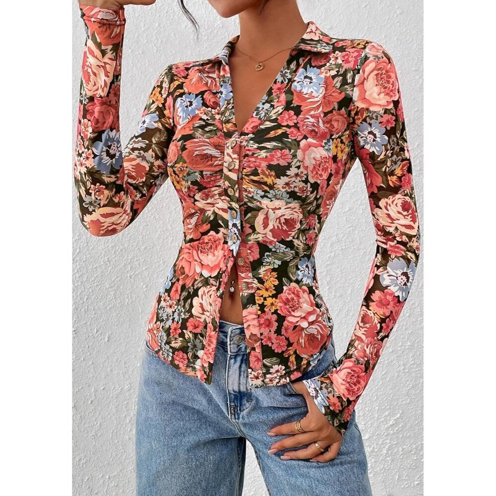 Women Black Floral Button Down Floral Shirt Trendy Long Sleeve V Neck Blouse Top - Picture 7 of 8